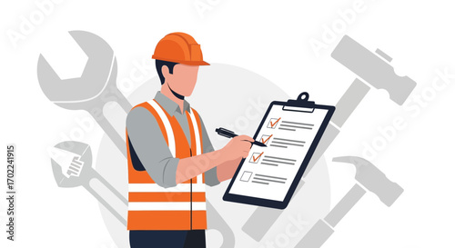 Construction worker with a checklist and tools in the background with a clear background