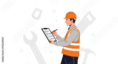 Construction worker writing on a clipboard during building inspection or maintenance
