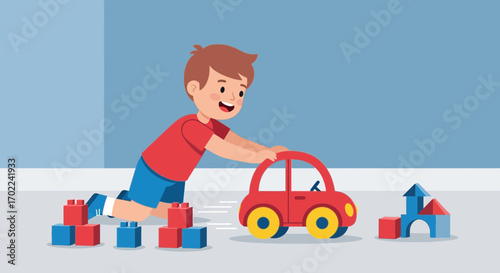 Cheerful Child Pushing a Toy Car and Playing with Colorful Building Blocks