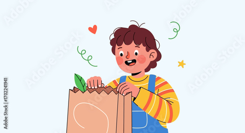 Cheerful Child Reveals Contents Of Paper Bag Filled With Green Leaf and Joy