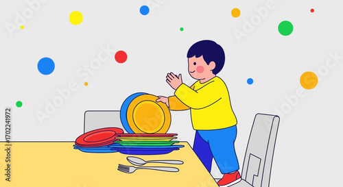 Cheerful Child Stacking Plates And Preparing Dining, A Fun Illustration For Children