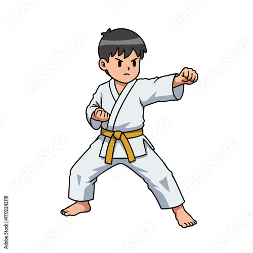 a child wearing a white karate uniform (gi) with a yellow belt, in a low stance with a focused expression, performing a straight punch