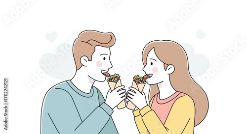 Couple eating shawarma illustration shows food and lifestyle vector design
