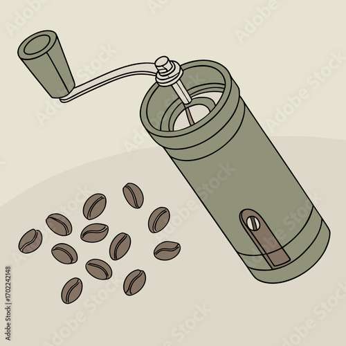 Olive Green Manual Coffee Grinder with Coffee Beans Illustration
