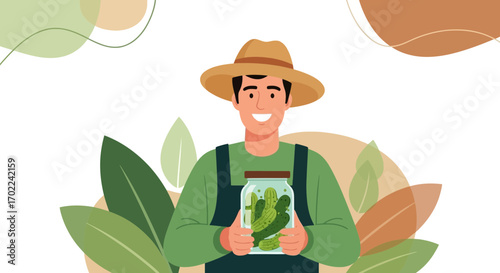 Cheerful Farmer Showing Pickled Cucumbers in Jar Amongst Leafy Garden Setting