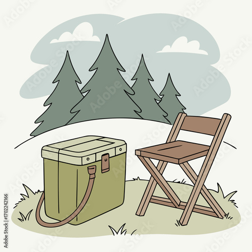 Olive Green Cooler and Brown Folding Chair in a Forest Setting