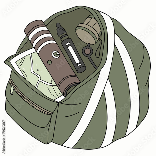 Olive Green Backpack with Travel Essentials: Map, Water Bottle, and Compass
