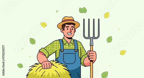 Cheerful Farmer with a Hay Fork and Hay Bale in a Cartoon Illustration
