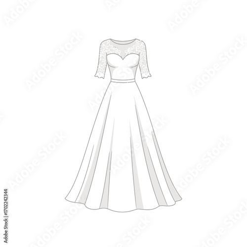 An elegant line drawing of a white A-line wedding dress with lace half sleeves and a sweetheart neckline, isolated on a white background.