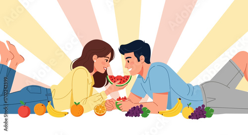 Couple enjoying watermelon and fruits while relaxing happily together in a beautiful setting