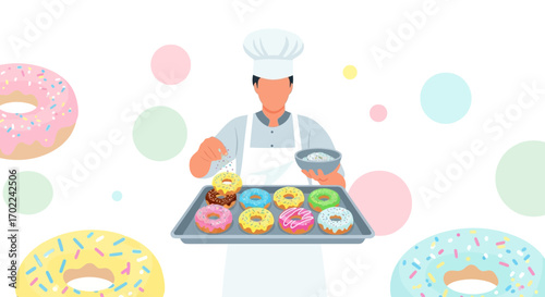 Baker decorating donuts with sprinkles vector illustration for food or pastry concept