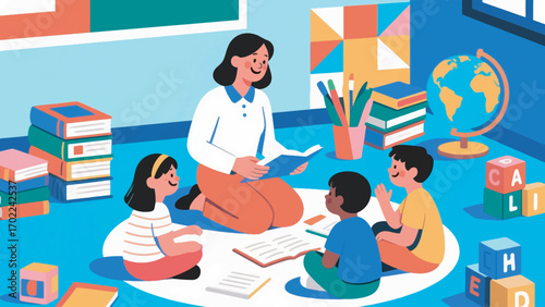illustration of a female teacher and three children studying with their books vector design template
