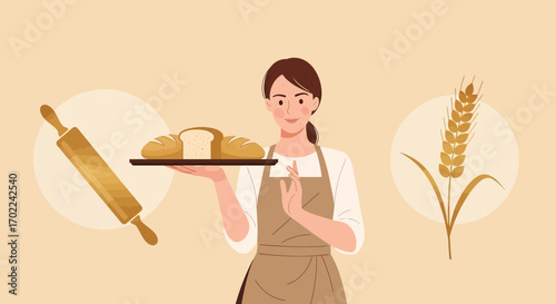 Baker Holding Bread and Wheat with Rolling Pin on Light Beige Background