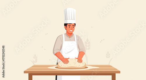 Baker Kneading Dough On A Wooden Table Creating Fresh Rustic Bread In Bakery, Illustration