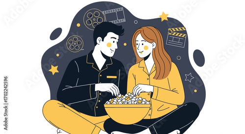 Couple watching movie at home and eating popcorn home cinema concept and vector illustration