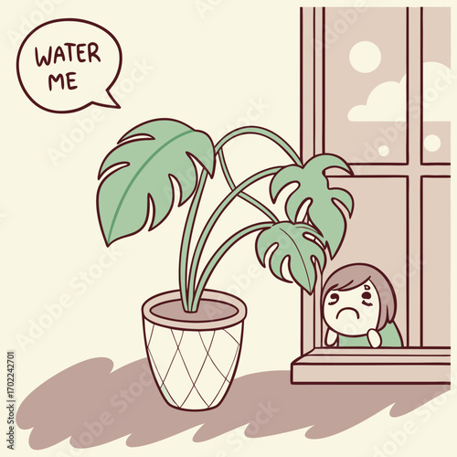 Sad Girl Watching Thirsty Monstera Plant Through Window