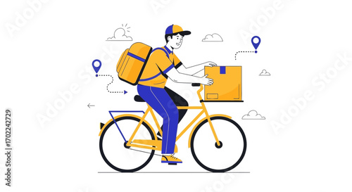 Courier Delivering Package By Bicycle, Cycling Through City With Delivery Box