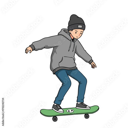 a boy wearing a beanie hat, a grey hoodie, and jeans, balancing on a green skateboard with a cute skull graphic