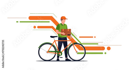 Courier delivering package on bicycle concept for express delivery services
