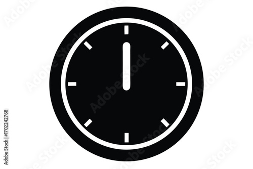 Minimalist Black Wall Clock Showing Twelve O'Clock on White Background