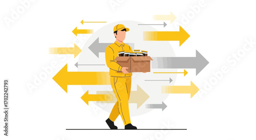 Courier Delivers Carton Amidst Arrow Background Design Illustrating Fast Delivery Process