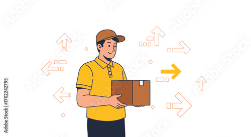 Courier Delivers Package Following Arrows, Illustrating Shipping Efficiency, Fast Delivery