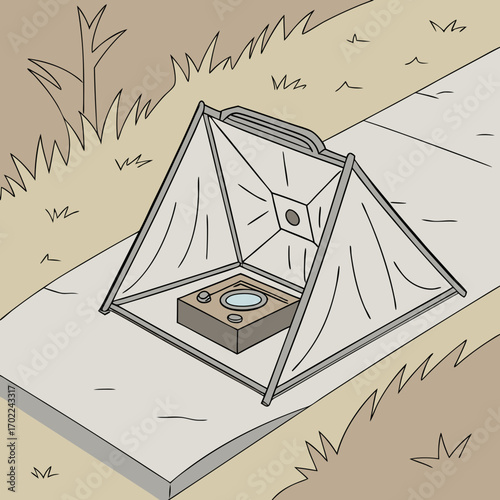 Vintage Portable Radio in Protective Tent Outdoors