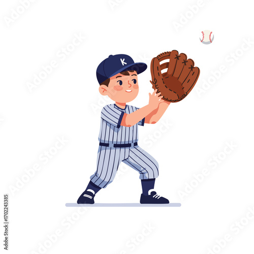 a child wearing a striped baseball uniform, a cap, and a large leather glove, in a ready position to catch a flying ball