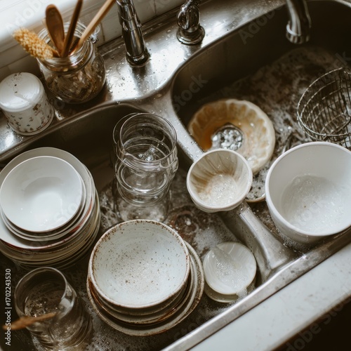 Close up view of a double stainless steel kitchen sink filled with dirty dishes and glassware after a meal
