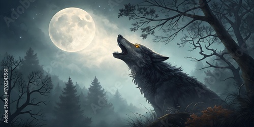 A werewolf howling at the moon in a misty forest