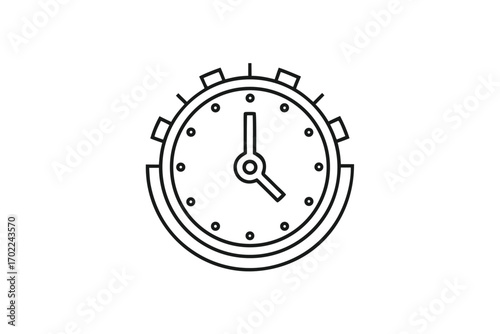 Minimalist Clock Icon with Outline Design, Hour Markers, on White Background
