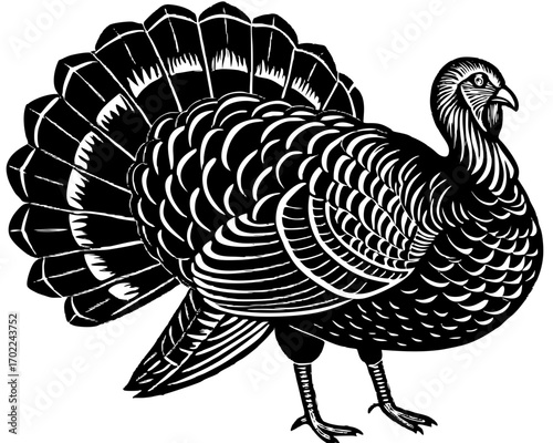 Thanksgiving Turkey Silhouette, Linocut Harvest Bird SVG