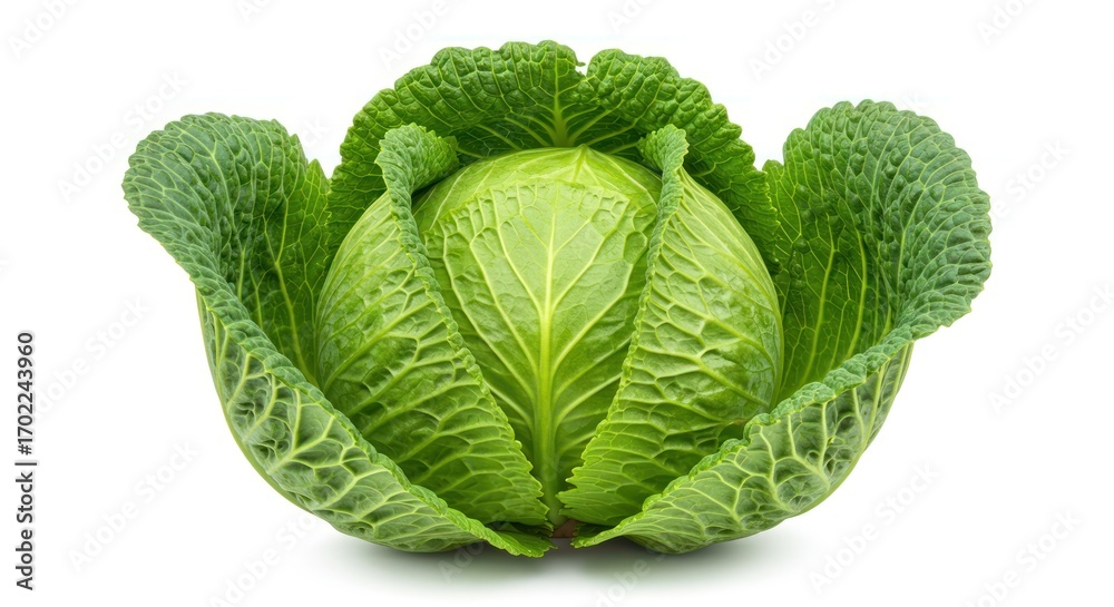 Fototapeta premium Fresh Savoy Cabbage: Detailed Close-Up on White Background, Healthy Food.