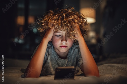 Child lying in bed frustrated using smartphone