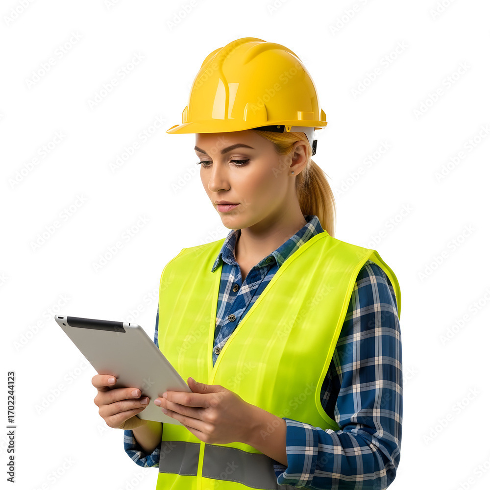 Fototapeta premium A female construction worker wearing a hard hat and safety vest reviews a tablet on a white background