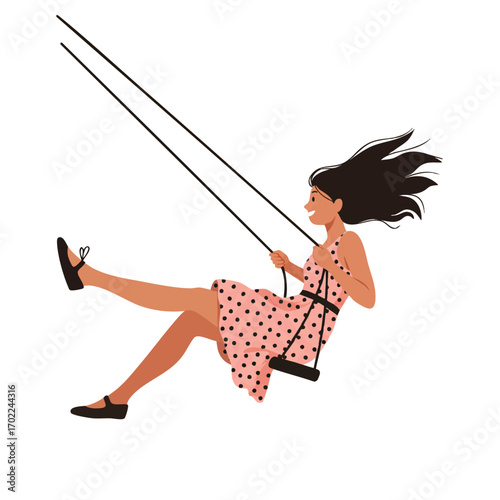 a girl in a polka-dot summer dress, swinging high with her legs straight out and hair flying back, her expression full of joy