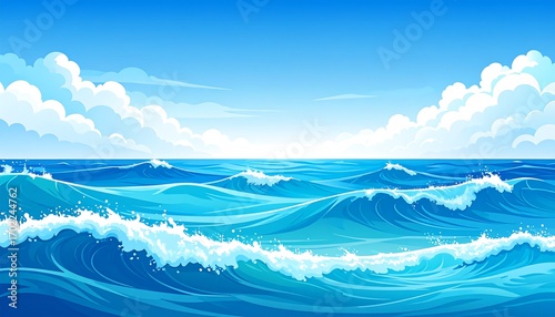 A serene illustration of ocean waves under a vast, sunny sky filled with puffy clouds.