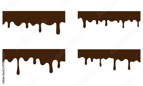 Set of melted chocolate drips isolated on white background. perfect for dessert, sweet topping, cocoa cream design, and food decoration.