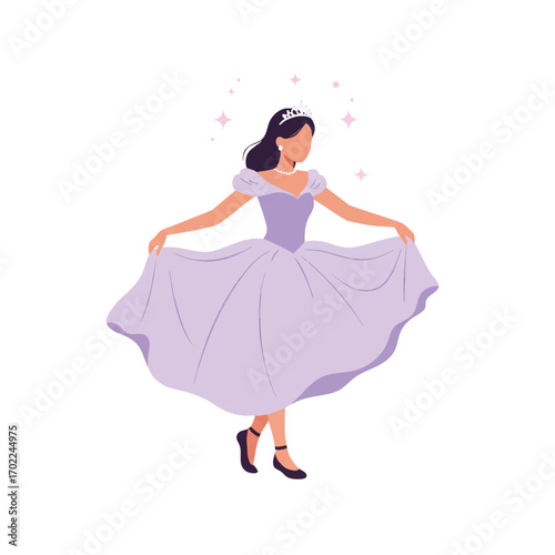 a girl wearing a flowing lavender ball gown and a sparkling tiara, performing an elegant curtsy, in the style of a sweet and fairy