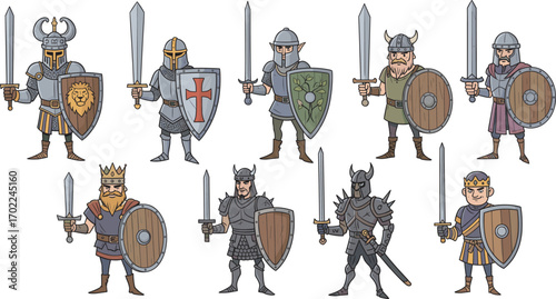 Cartoon medieval knights in armor with swords and shields, fantasy warrior characters in row, heraldic emblems, royalty and battle themes