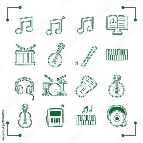 Music Instruments and Musical Notes Icons Set.