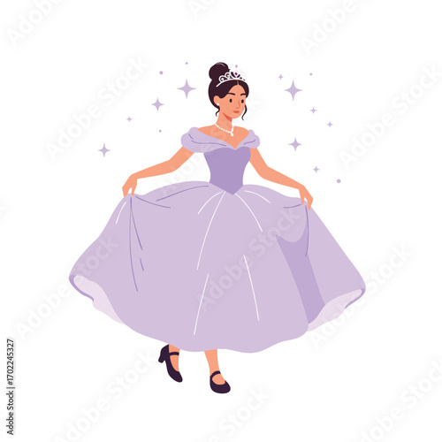 a girl wearing a flowing lavender ball gown and a sparkling tiara, performing an elegant curtsy, in the style of a sweet and fairy