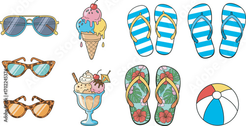 Summer beach accessories cartoon set including sunglasses, flip-flops, ice cream, beach ball, tropical items, colorful vector illustration for vacation themes