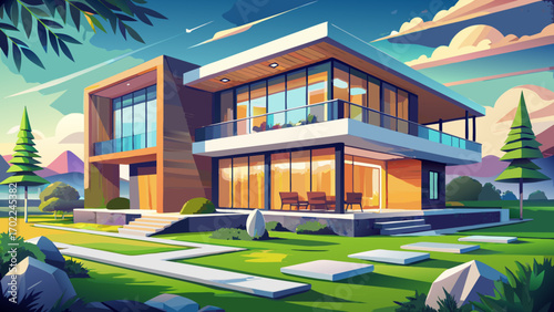 Contemporary European villa, combining smooth concrete, wood accents, and expansive windows, surrounded by manicured lawns and ambient lighting, exuding a stylish balance of nature and modernity