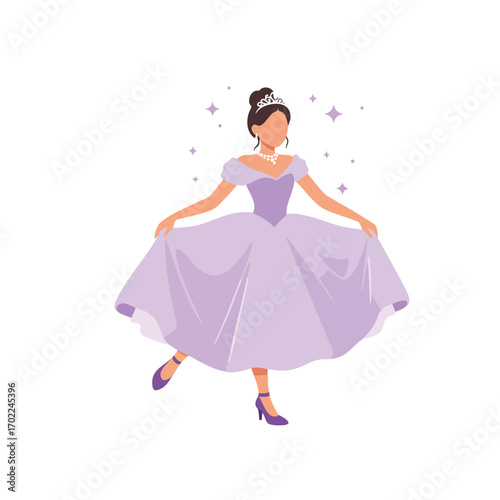 a girl wearing a flowing lavender ball gown and a sparkling tiara, performing an elegant curtsy, in the style of a sweet and fairy