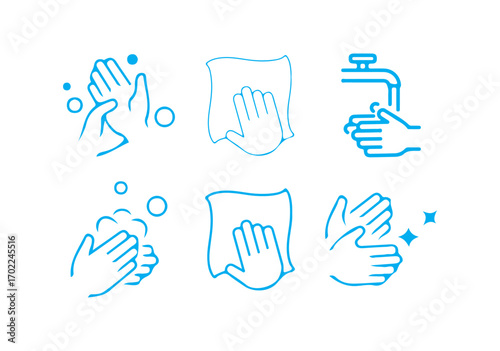 Blue Cleaning icon set. Cleaning, washing hands, shower, seminar, soap, respiratory mask, doodle line icons showing cleaning tools and supplies like spray bottle. vector illustration eps 10.