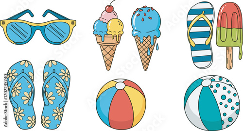Summer beach accessories cartoon set including sunglasses, flip-flops, ice cream, beach ball, tropical items, colorful vector illustration for vacation themes