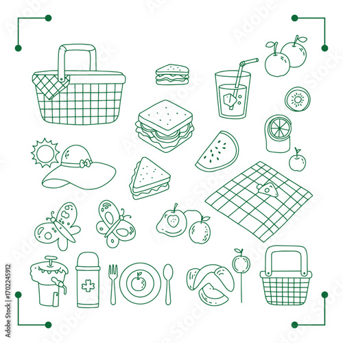 Picnic essentials collection line art icons summer outdoor meal.