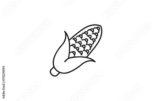 Minimalist Corn Cob Outline with Husks on White Background Line Art