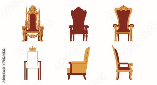 Collection of Six Stylized Throne Chairs in Various Designs and Colors